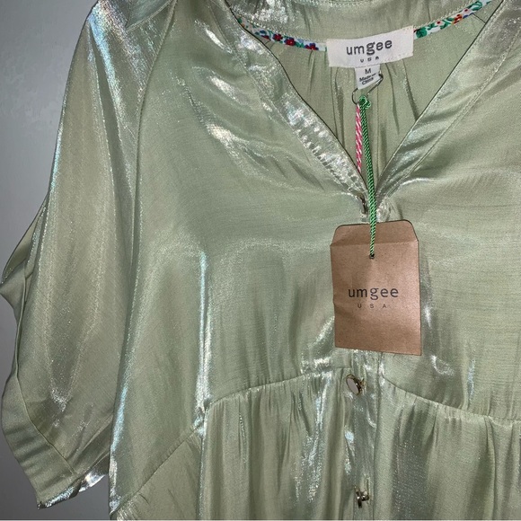 Umgee Satin Sheen Tiered Spring Tunic / Dress Button Up Pastel Green Medium - Picture 4 of 9